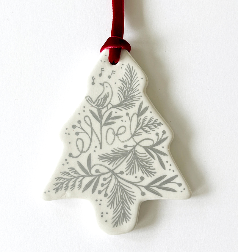 Tree Ornament - Silver Noel Songbird - Red Velvet Ribbon