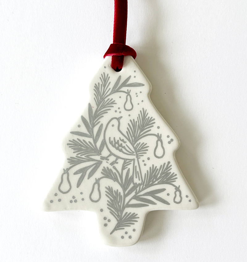 Tree Ornament - Silver Partridge and Pears - Red Velvet Ribbon