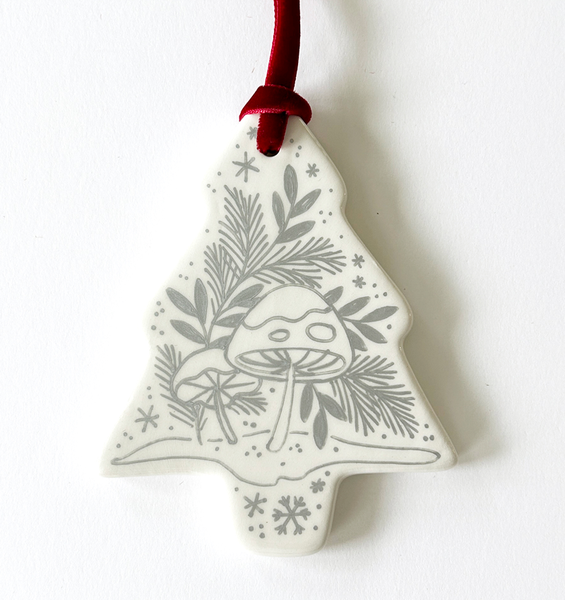 Tree Ornament - Silver Mushrooms - Red Velvet Ribbon