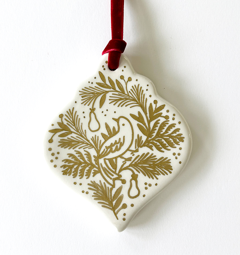 Classic Ornament - Gold Partridge and Pears - Red Velvet Ribbon