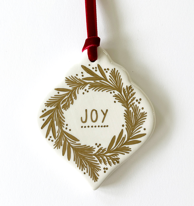 Classic Ornament - Gold Joy Wreath - Red Velvet Ribbon