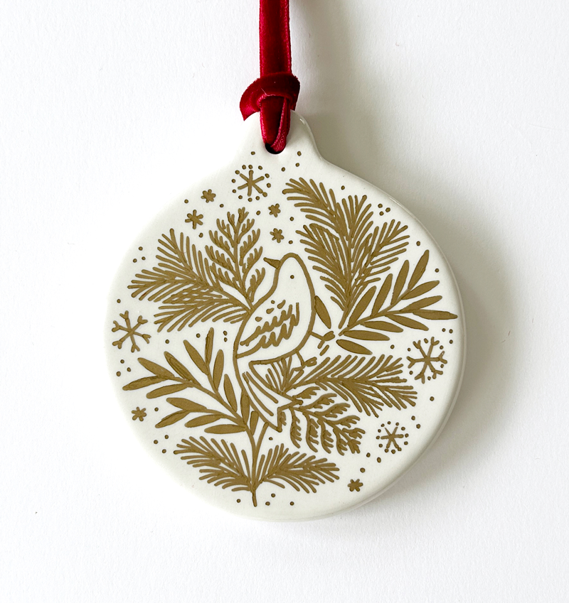Circle Ornament - Gold Bird in Branches - Red Velvet Ribbon