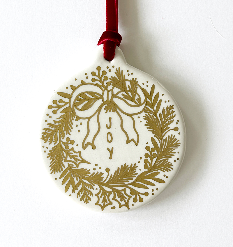 Circle Ornament - Gold Joy Wreath - Red Velvet Ribbon