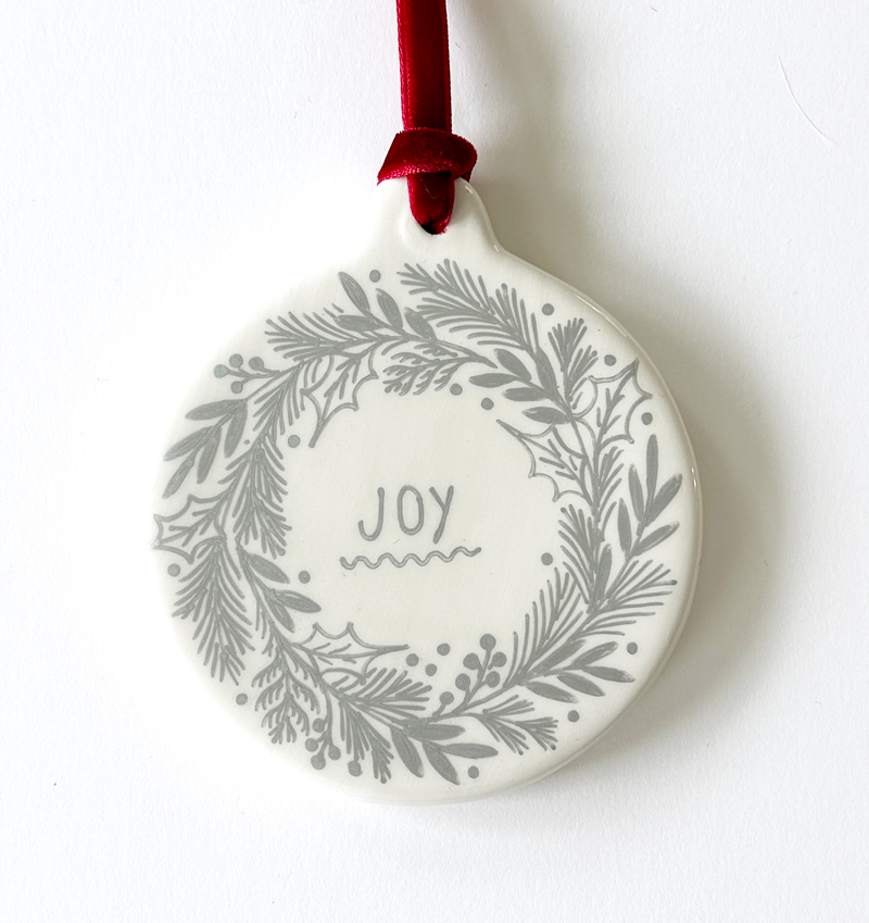 Circle Ornament - Silver Joy Wreath - Red Velvet Ribbon