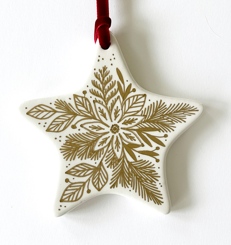 Star Ornament - Gold Poinsettia - Red Velvet Ribbon
