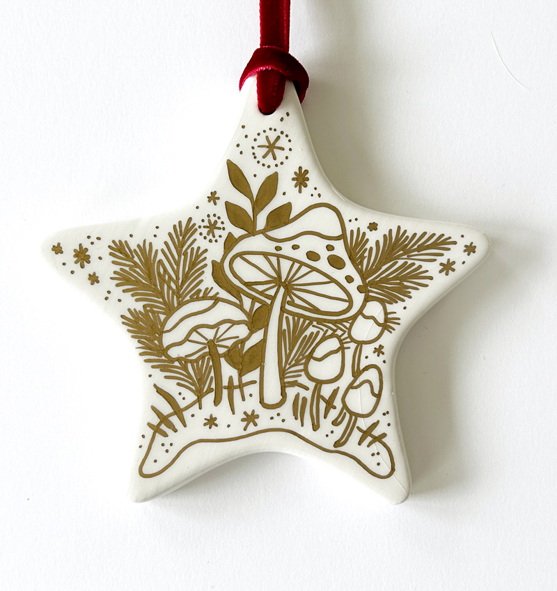 Star Ornament - Gold Mushrooms - Red Velvet Ribbon