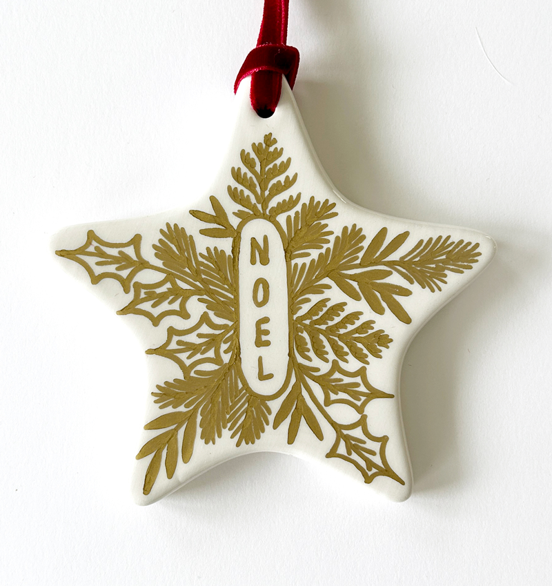 Star Ornament - Gold Noel Emblem - Red Velvet Ribbon