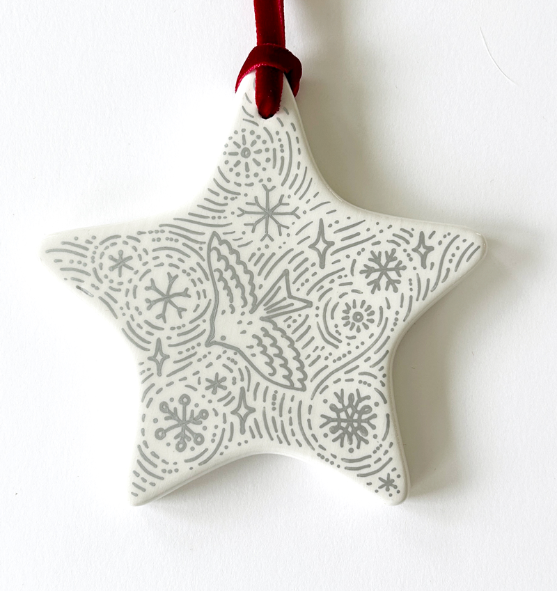 Star Ornament - Silver Snow Dove - Red Velvet Ribbon