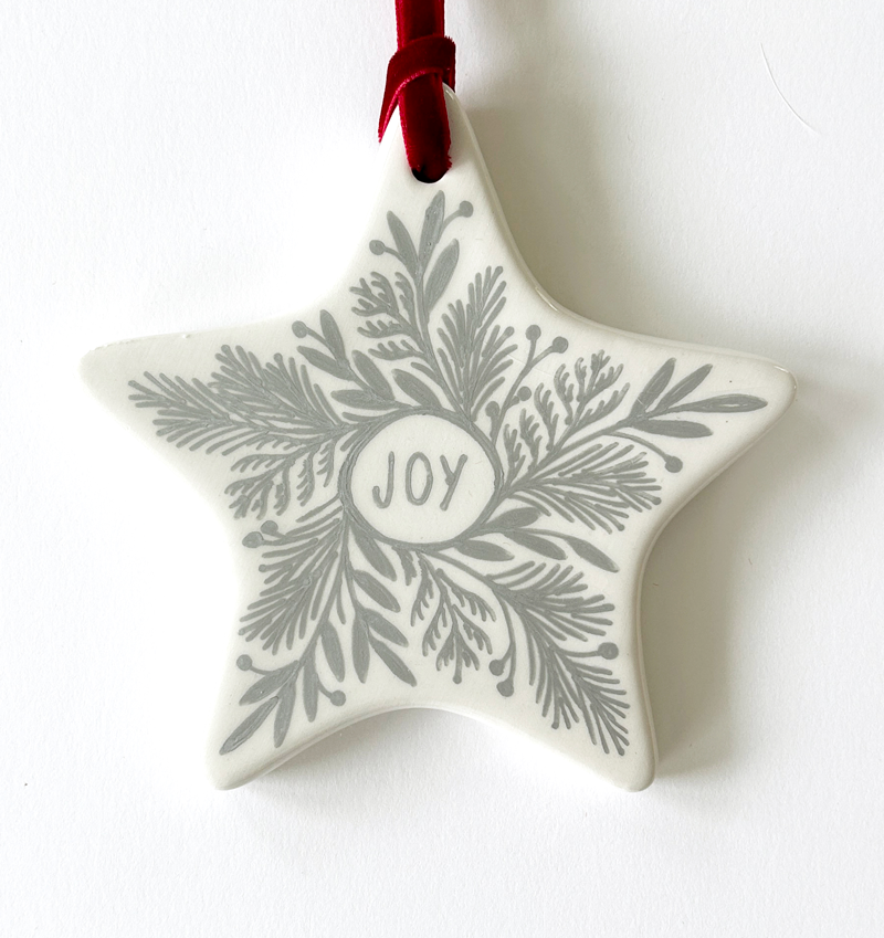 Star Ornament - Silver Joy Wreath - Red Velvet Ribbon