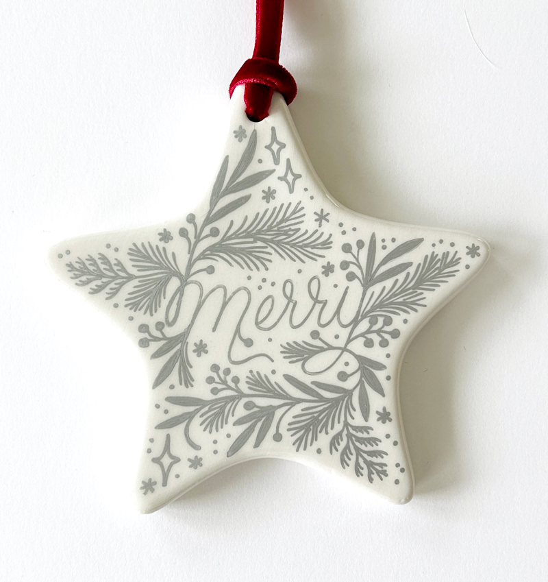 Star Ornament - Silver Merry Script - Red Velvet Ribbon
