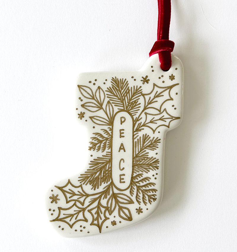 Stocking Ornament - Gold Peace Emblem - Red Velvet Ribbon