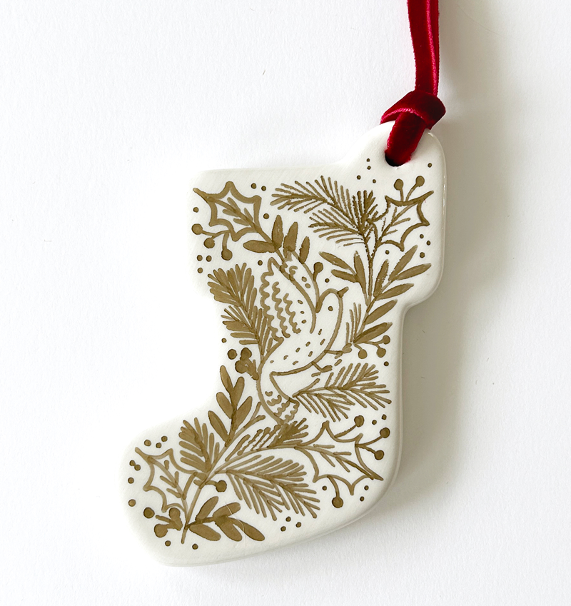 Stocking Ornament - Gold Bird in Branches - Red Velvet Ribbon