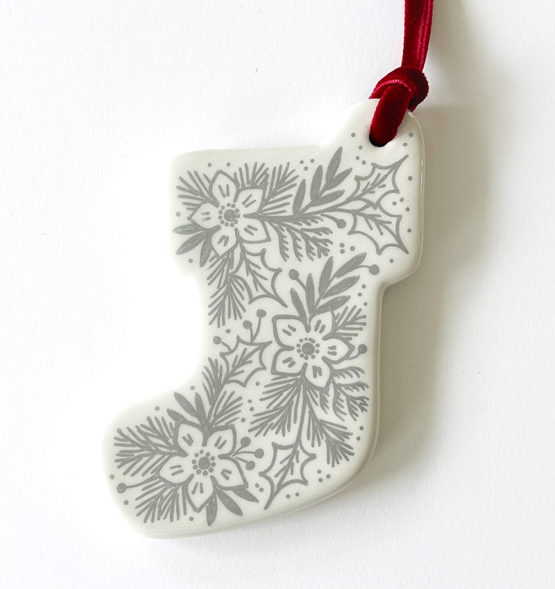 Stocking Ornament - Silver Little Poinsettias - Red Velvet Ribbon