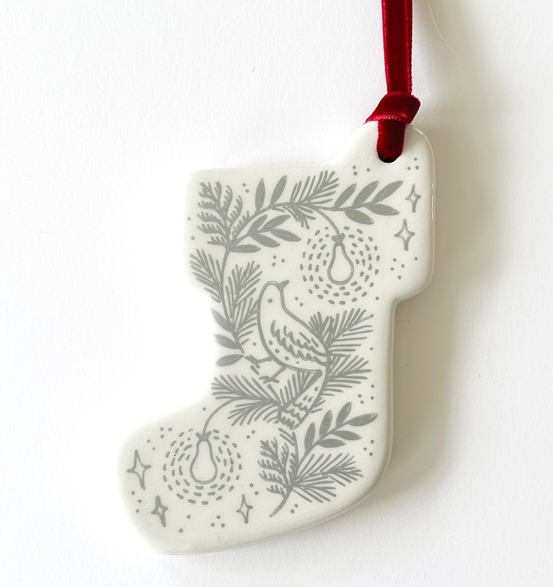Stocking Ornament - Silver Partridge and Pears - Red Velvet Ribbon