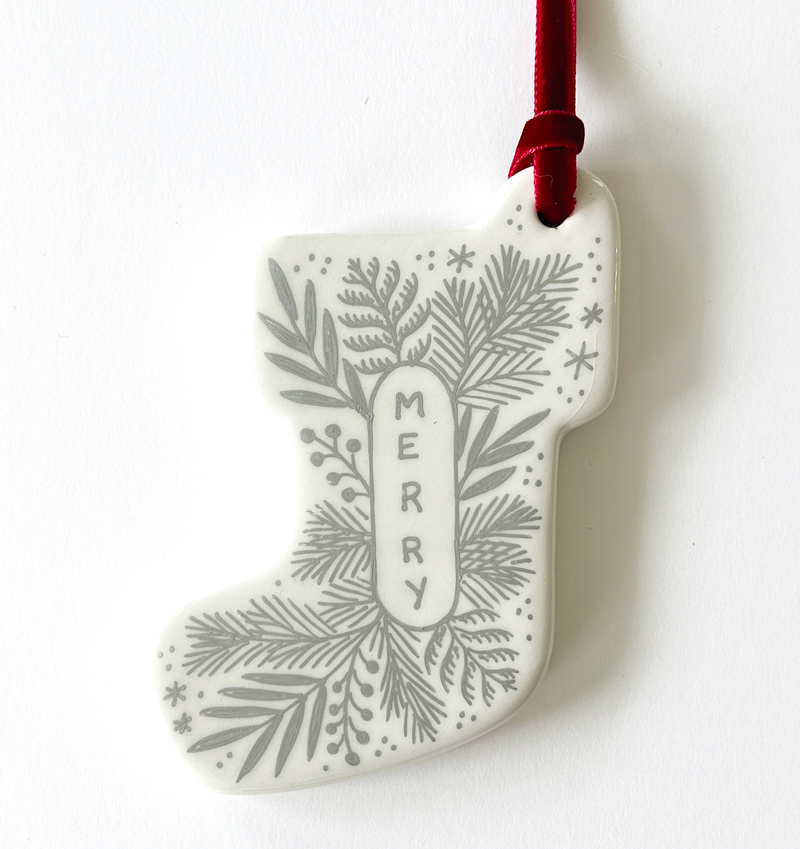 Stocking Ornament - Silver Merry Emblem - Red Velvet Ribbon
