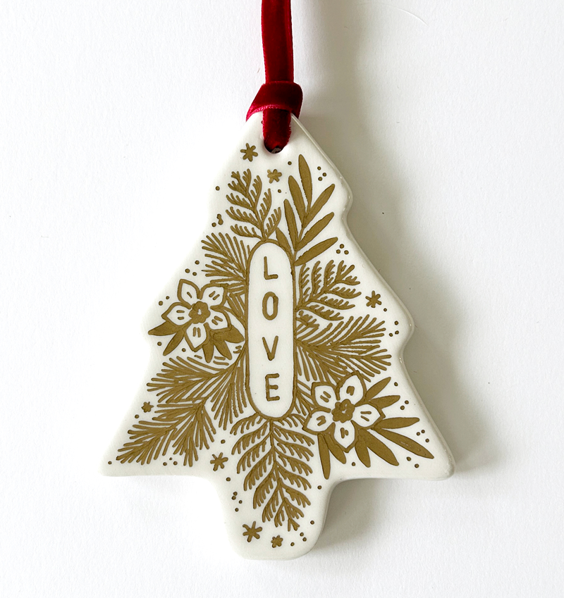Tree Ornament - Gold Love Emblem - Red Velvet Ribbon