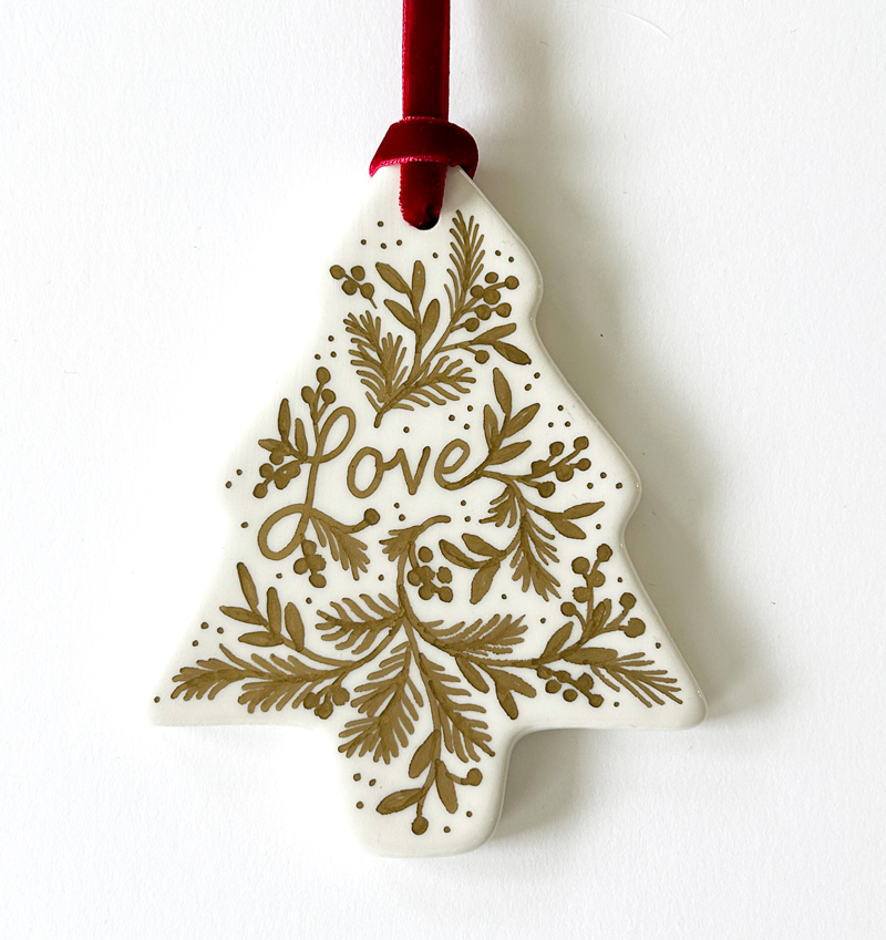Tree Ornament - Gold Love Script - Red Velvet Ribbon
