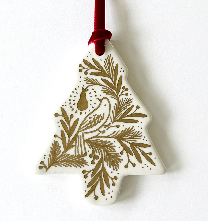 Tree Ornament - Gold Partridge and Pear - Red Velvet Ribbon