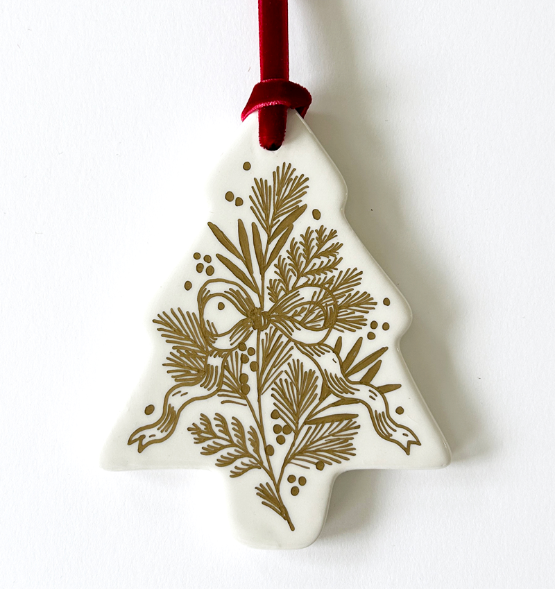 Tree Ornament - Gold Bow Botanicals - Red Velvet Ribbon