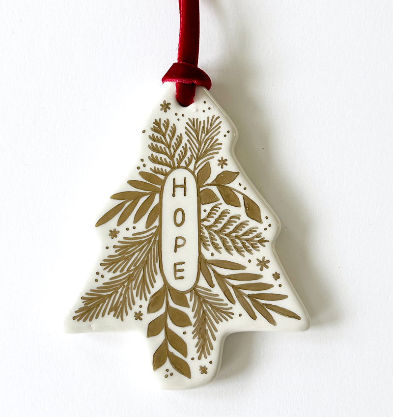 Tree Ornament - Gold Hope Emblem - Red Velvet Ribbon