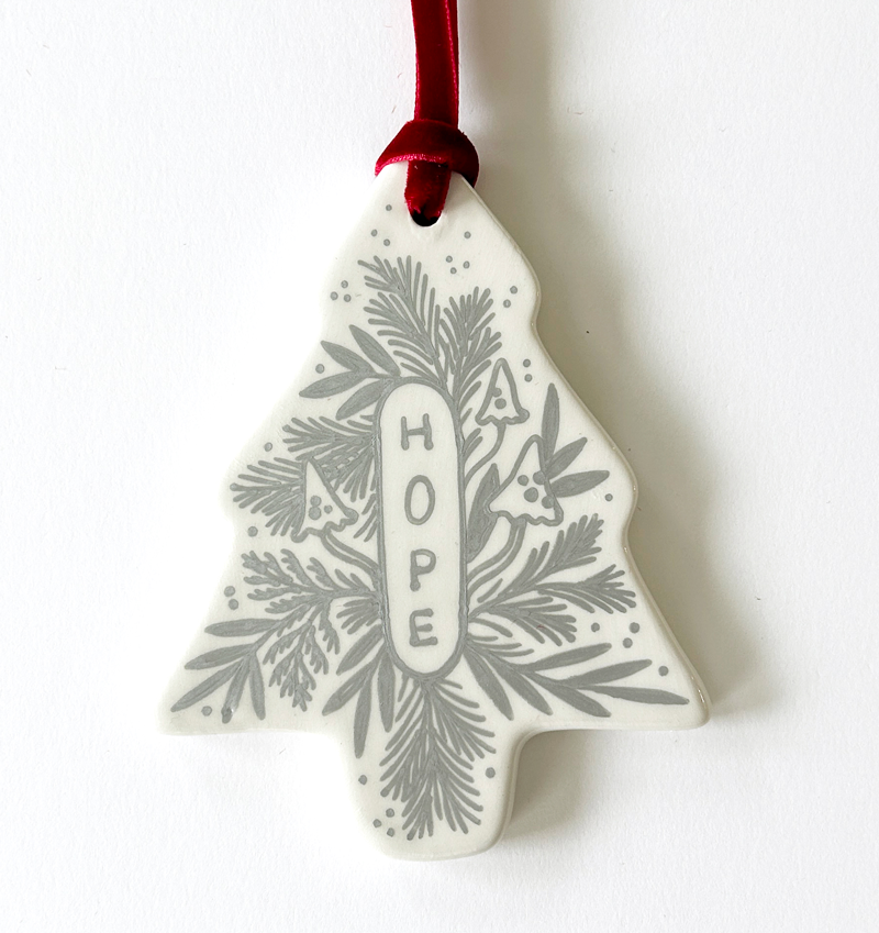 Tree Ornament - Silver Hope Emblem - Red Velvet Ribbon
