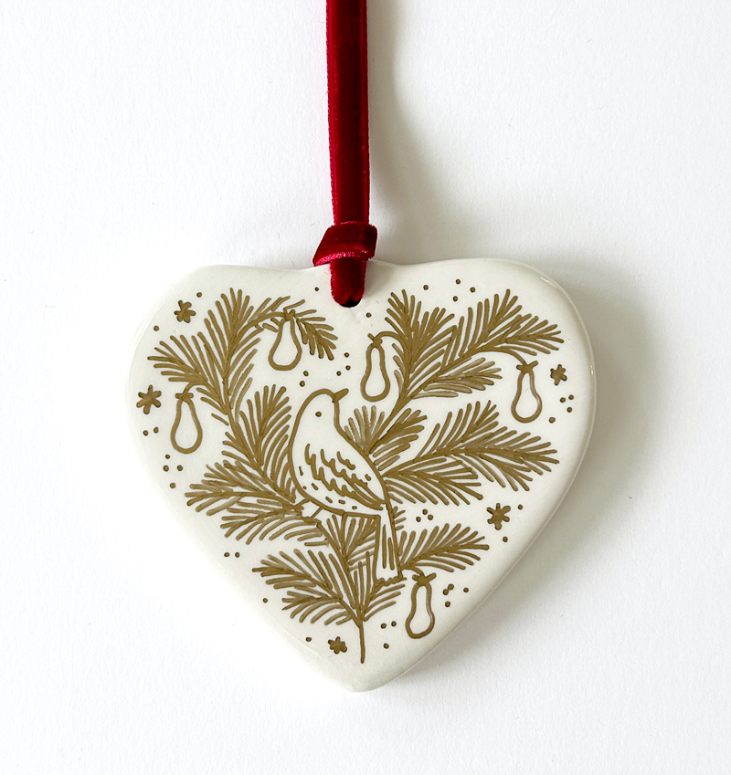 Heart Ornament - Gold Partridge and Pears - Red Velvet Ribbon