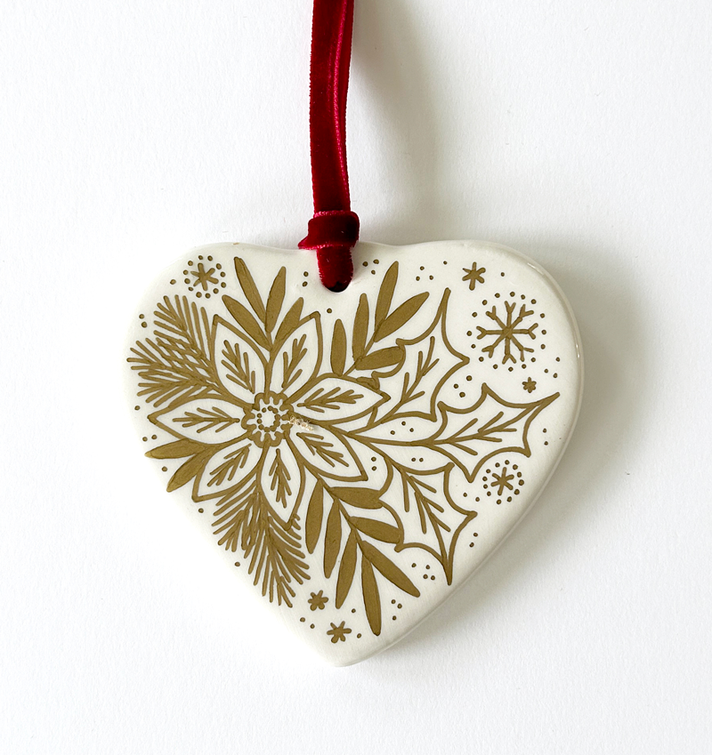 Heart Ornament - Gold Poinsettia - Red Velvet Ribbon