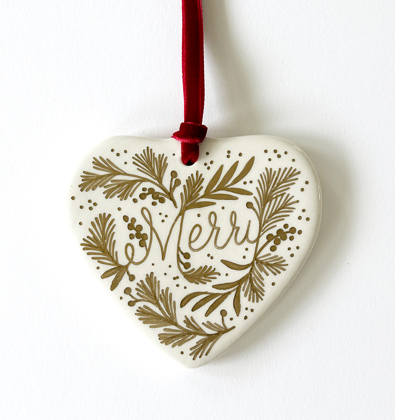 Heart Ornament - Gold Merry Script - Red Velvet Ribbon