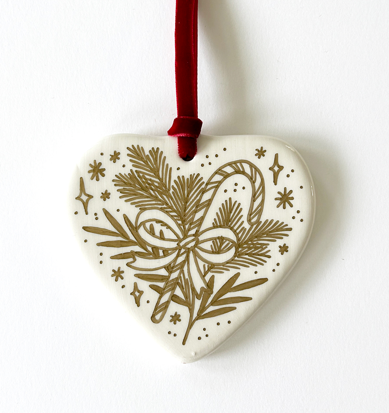 Heart Ornament - Gold Candy Cane - Red Velvet Ribbon