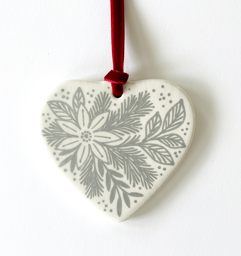 Heart Ornament - Silver Poinsettia - Red Velvet Ribbon