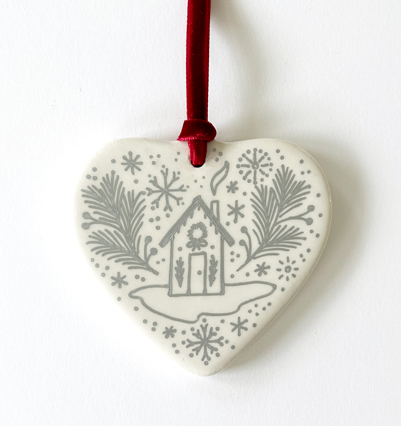 Heart Ornament - Silver Cottage - Red Velvet Ribbon