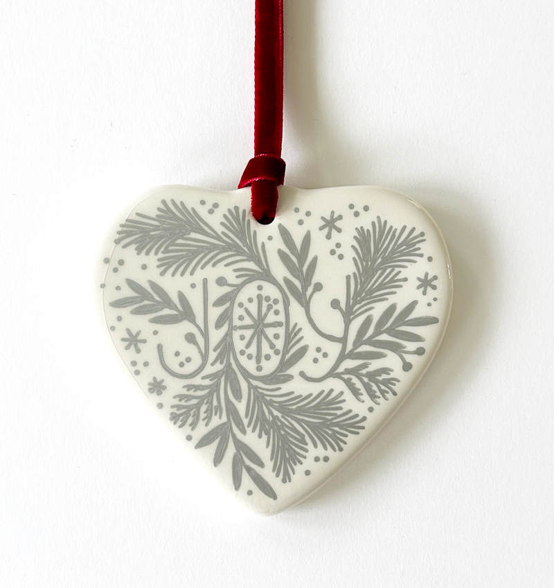 Heart Ornament - Silver Joy Botanicals - Red Velvet Ribbon