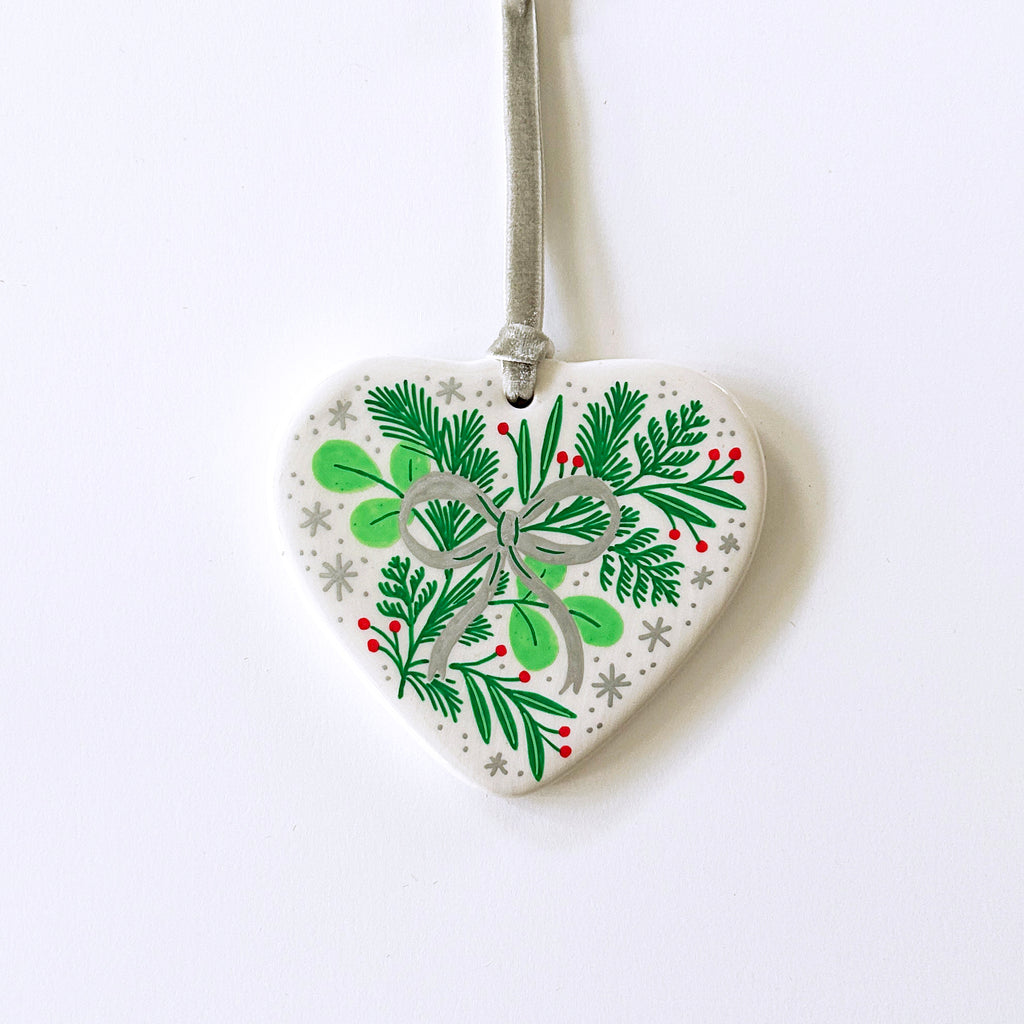 Heart Ornament - Silver Bow and Foliage - Silver Velvet Ribbon