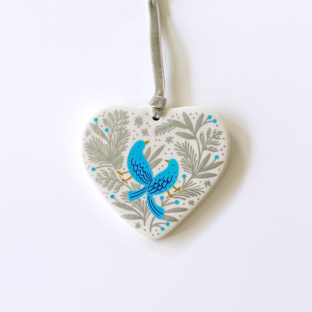 Heart Ornament - Bluebirds in Silver Pine - Silver Velvet Ribbon