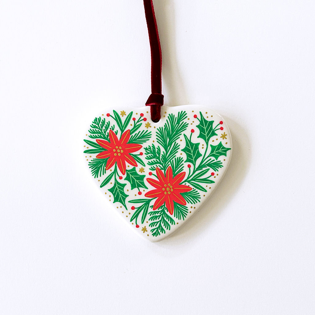 Heart Ornament - Little Poinsettias - Red Velvet Ribbon