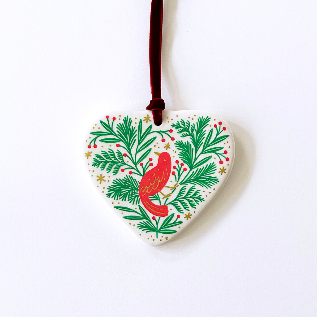 Heart Ornament - Red Bird in Pine - Red Velvet Ribbon