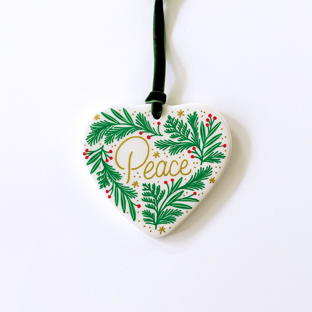 Heart Ornament - Peace Wreath - Green Velvet Ribbon