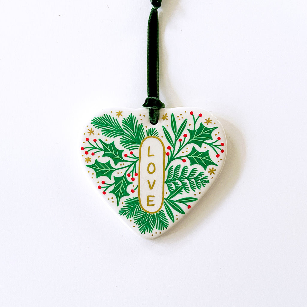 Heart Ornament - Love Emblem - Green Velvet Ribbon