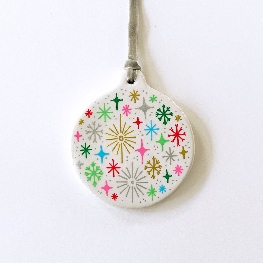 Circle Ornament - Rainbow Starburst - Silver Velvet Ribbon