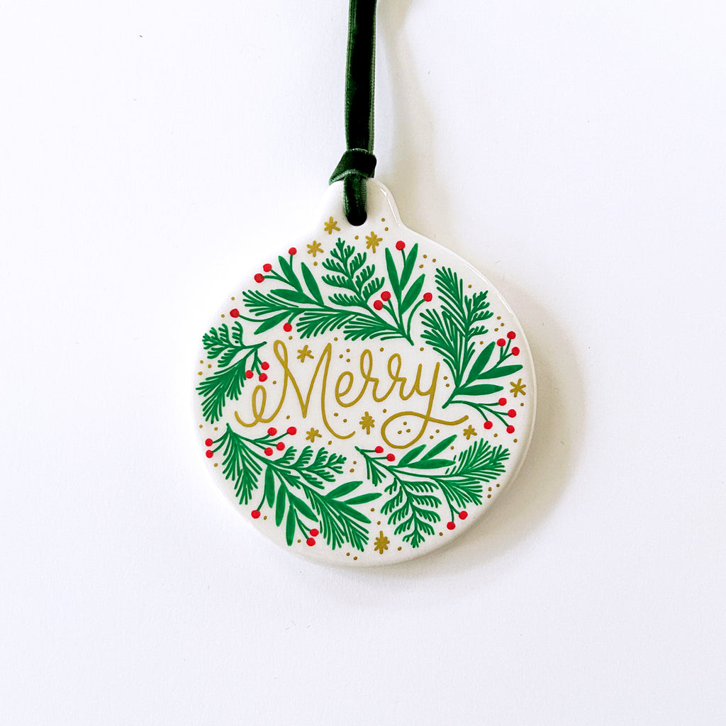 Circle Ornament - Merry Wreath - Green Velvet Ribbon