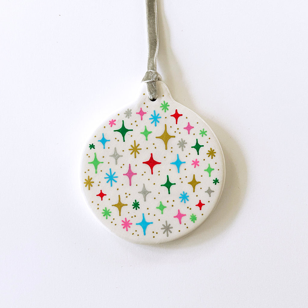 Circle Ornament - Rainbow Sparkles - Silver Velvet Ribbon