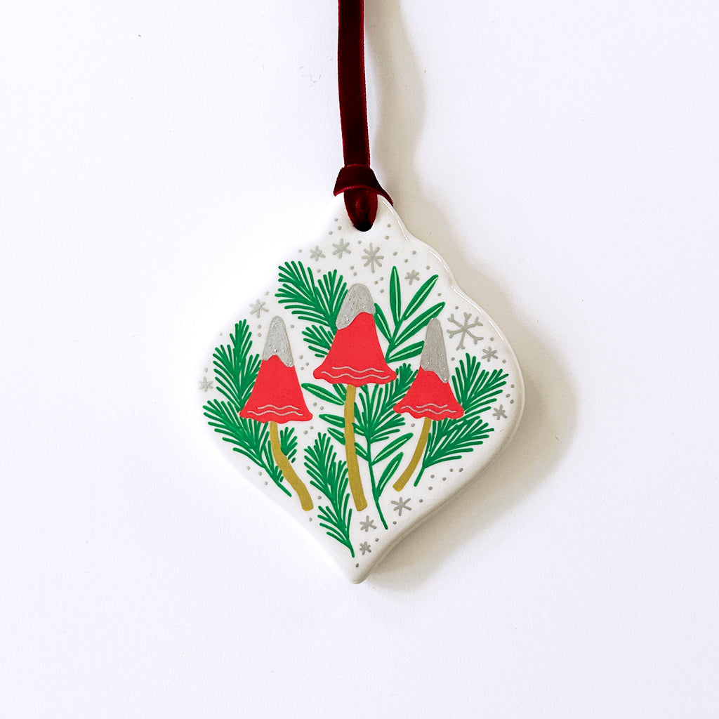 Classic Ornament - Snowy Mushrooms - Red Velvet Ribbon