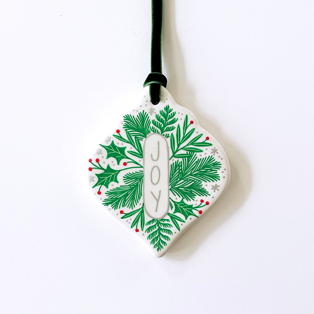 Classic Ornament - Joy Emblem - Green Velvet Ribbon