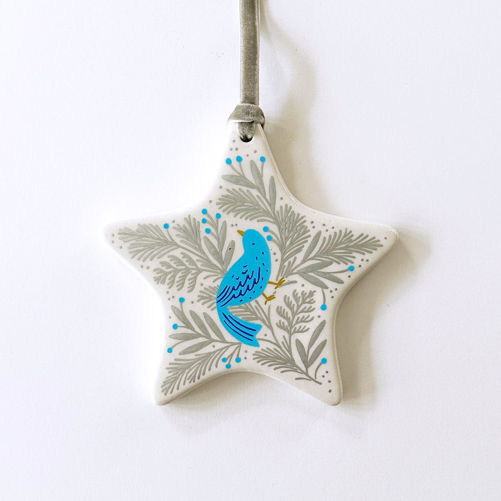 Star Ornament - Bluebird in Silver Pine - Silver Velvet Ribbon