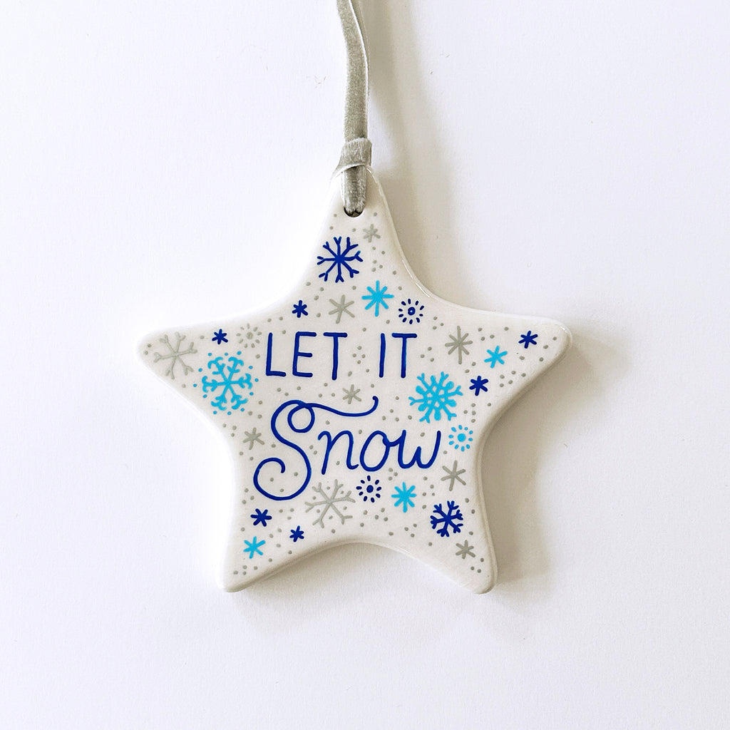 Star Ornament - Let it Snow Script - Silver Velvet Ribbon