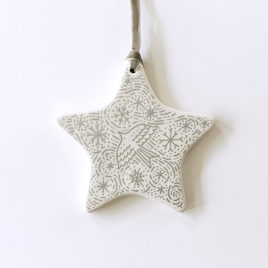 Star Ornament - Silver Bird Flying in Snow - Silver Velvet Ribbon