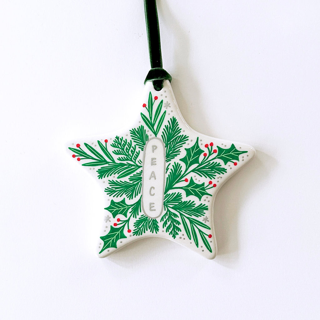 Star Ornament - Peace Emblem - Green Velvet Ribbon