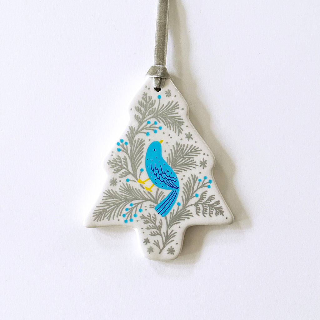 Tree Ornament - Bluebird in Silver Pine - Silver Velvet Ribbon