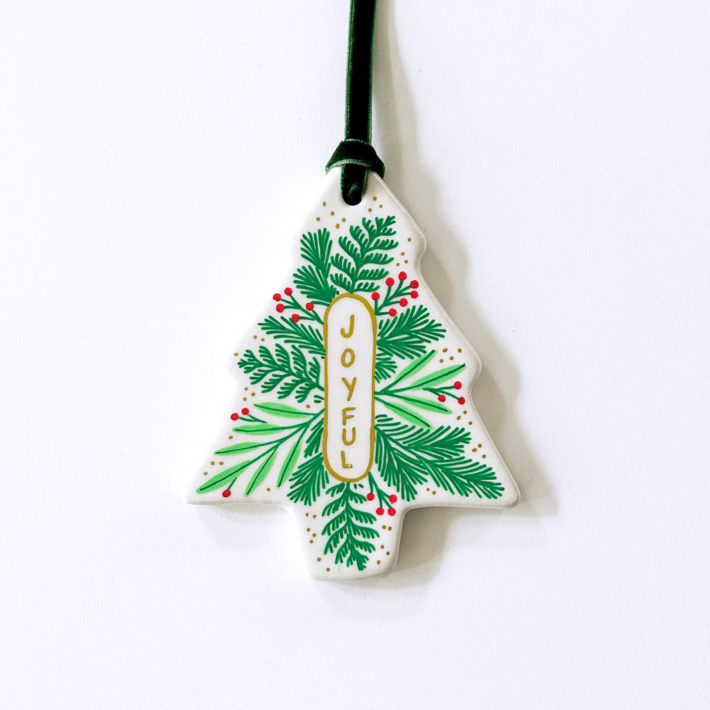 Tree Ornament - Joyful Emblem - Green Velvet Ribbon