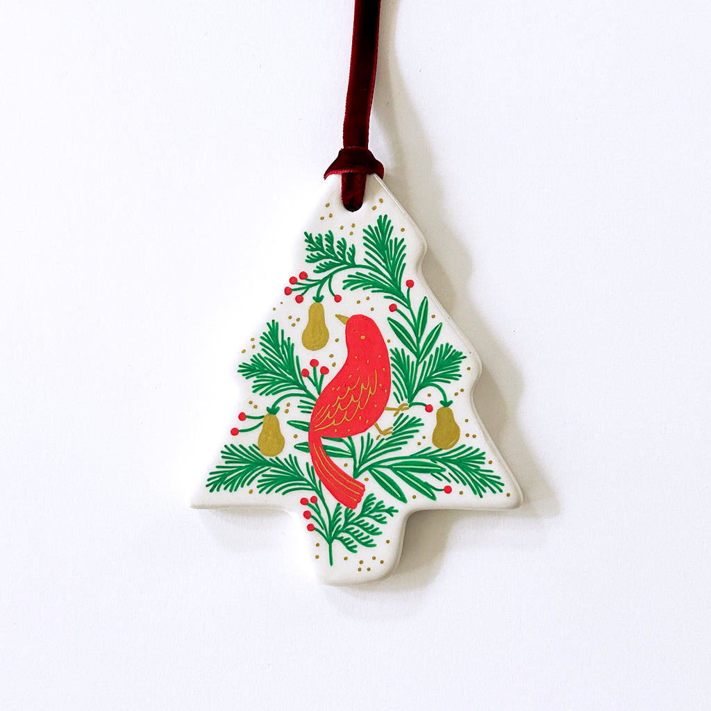 Tree Ornament - Red Bird in a Pear Tree - Red Velvet Ribbon